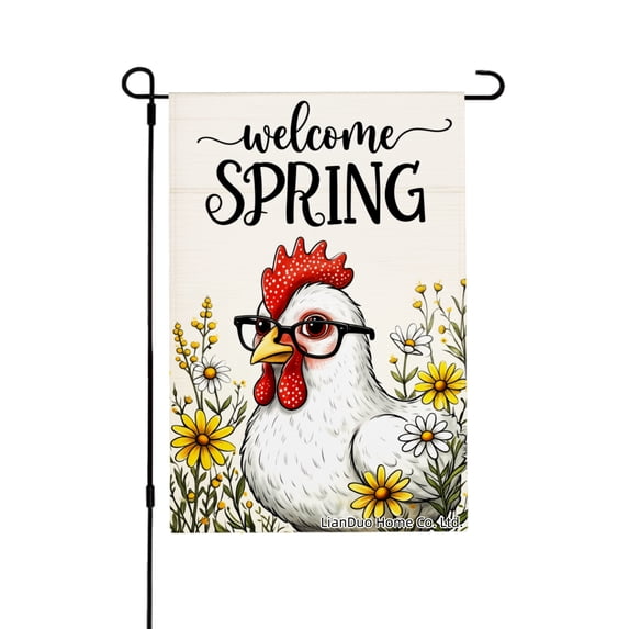 Joocar Spring Garden Flag Welcome Spring Chicken Flowers Linen Summer Garden Flags for Outside 12x18 inch