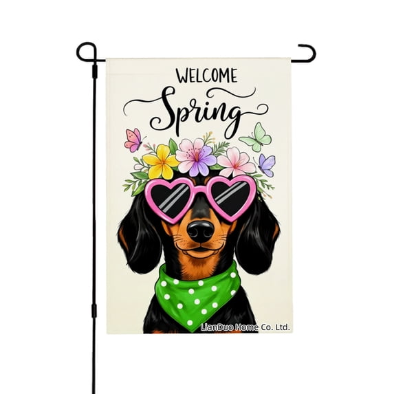 Joocar Spring Garden Flag Welcome Spring Dog With Flowers Linen Summer Garden Flags for Outside 12x18 inch