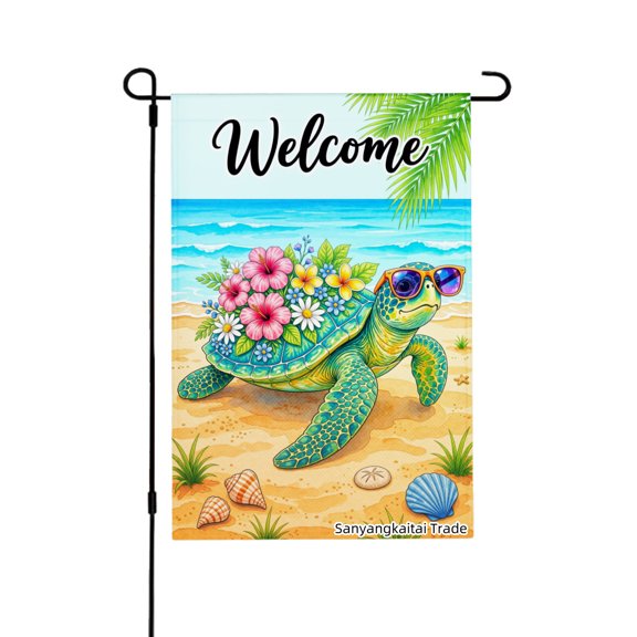 Joocar Spring Garden Flag Welcome Turtle With Flowers Linen Summer Garden Flags for Outside 12x18 inch