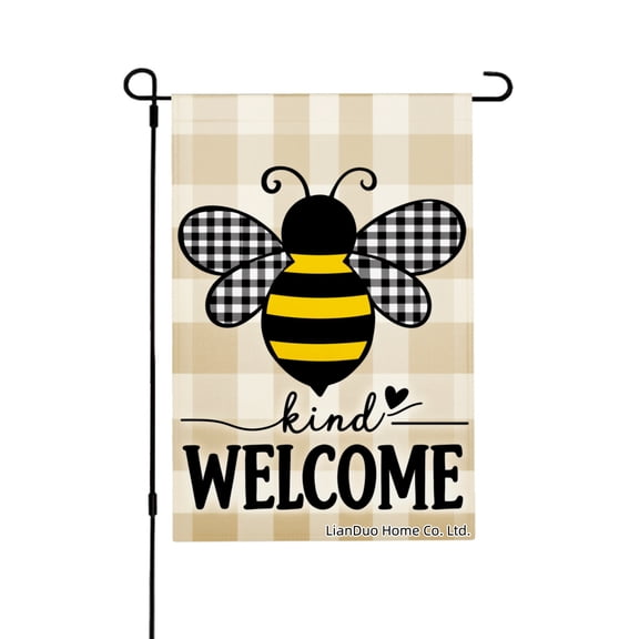 Joocar Spring Summer Linen Garden Flag Bee Kind Welcome Checkered Pattern Decorative Banner For Home Outdoor Garden Yard Door Decor 12x18 inch