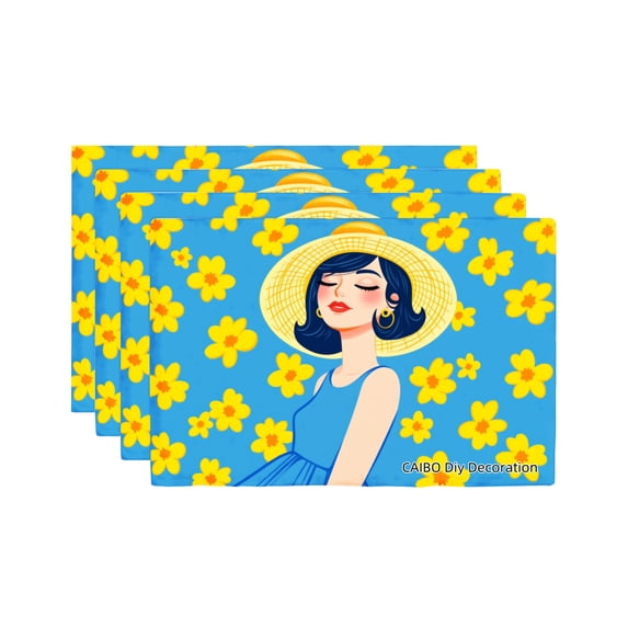 Joocar Summer Girl With Yellow Flowers Blue Background Linen Table Mats Set Of 4 For Home Kitchen Table Decor 12x18 inch