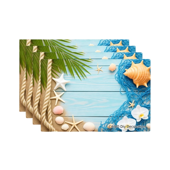Joocar Tropical Beach Theme Placemat Set With Palm Leaves Seashells And Starfish Design Linen Table Mats Set Of 4 For Home Kitchen Table Decor 12x18 inch