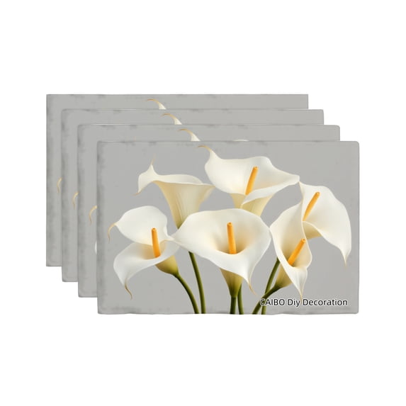 Joocar White Calla Lily Floral Design Linen Table Mats Set Of 4 For Home Kitchen Table Decor 12x18 inch