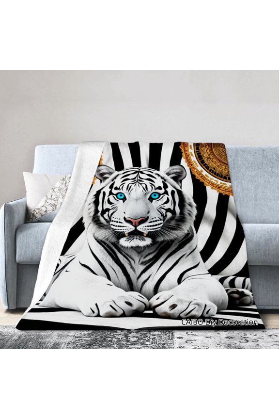White Tiger Print Flannel Blanket For Winter Gift Home Sofa Bed Decoration 50x60 inch