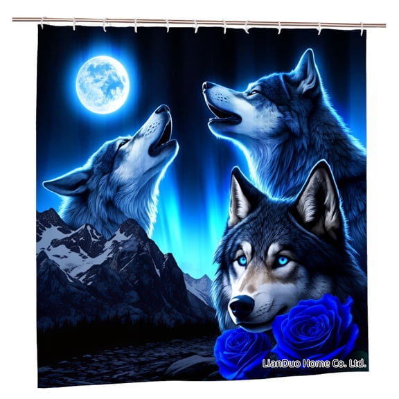 Joocar Wolf Howling At Moon With Blue Roses Polyester Shower Curtain For Home Bathroom Bath Tub Decoration 72x72 Inch
