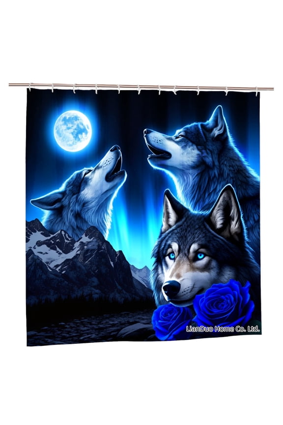 Wolf Howling At Moon With Blue Roses Polyester Shower Curtain For Home Bathroom Bath Tub Decoration 72x72 Inch