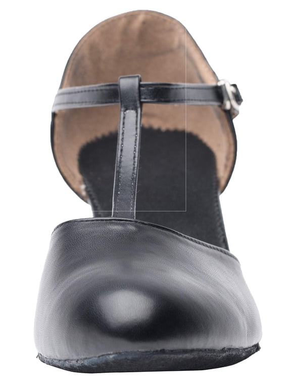 Women Black Leather T-Strap Latin Ballroom Dance Shoes Ladies Modern Tango Salsa Party Dancing Shoes (7.5, Black)