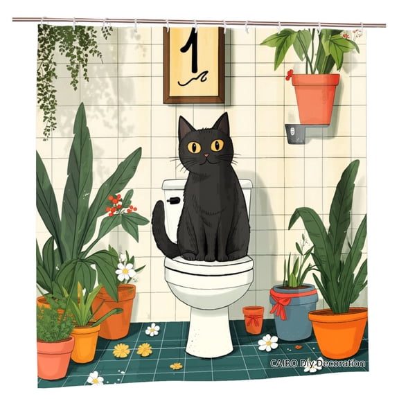 Joocen Black Cat On Toilet Shower Curtain With Plants And Flowers For Home Bathroom Bath Tub Decoration 72x72 inch