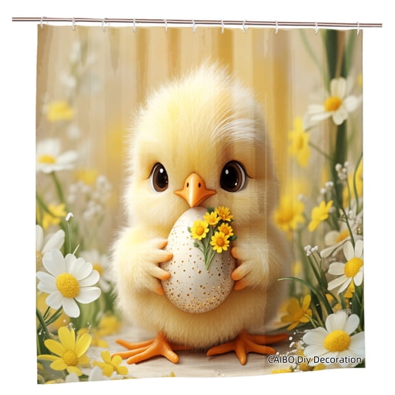 Joocen Cute Yellow Chick Holding Easter Egg With Flowers Polyester Shower Curtain For Home Bathroom Bath Tub Decoration 72x72 inch