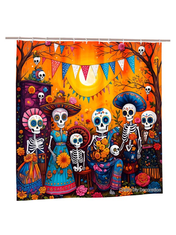 Joocen Day Of The Dead Sugar Skull Family Polyester Shower Curtain For Home Bathroom Bath Tub Decoration 72x72 inch