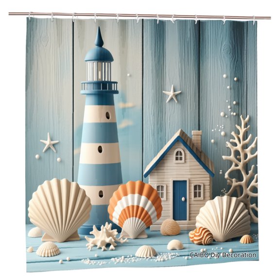 Joocen Nautical Lighthouse And Seashell Shower Curtain With Cottage And Coral Design For Home Bathroom Bath Tub Decoration 72x72 inch