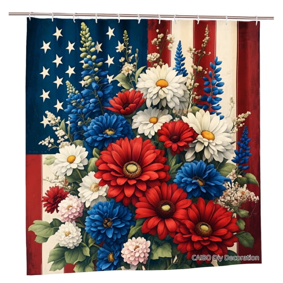 Joocen Patriotic American Flag Flowers Polyester Shower Curtain For Home Bathroom Bath Tub Decoration 72x72 inch