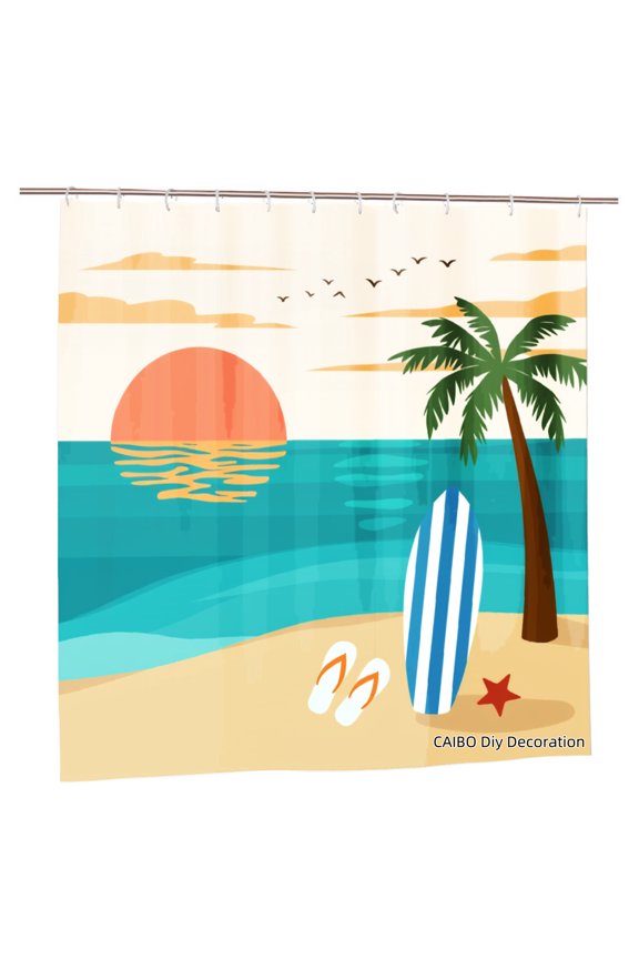 Joocen Polyester Shower Curtain Beach Sunset Palm Tree Surfboard Flip Flops Starfish Tropical Ocean Scene For Home Bathroom Bath Tub Decoration 72x72 inch