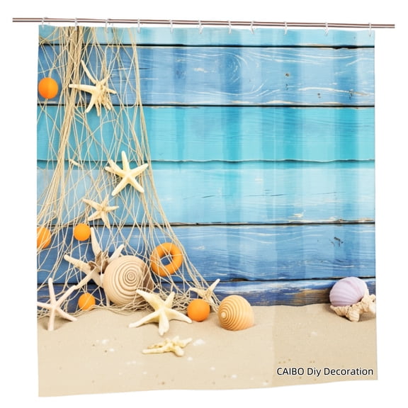 Joocen Polyester Shower Curtain Beach Theme With Starfish Seashells And Fishing Net For Home Bathroom Bath Tub Decoration 72x72 inch