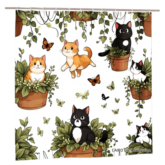 Joocen Polyester Shower Curtain Cats In Pots With Butterflies And Leaves For Home Bathroom Bath Tub Decoration 72x72 inch