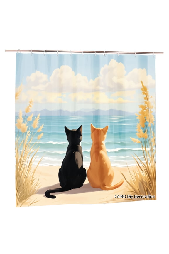 Joocen Polyester Shower Curtain Cats On Beach Scene For Home Bathroom Bath Tub Decoration 72x72 inch