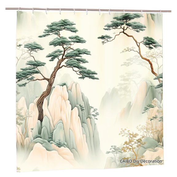Joocen Polyester Shower Curtain Chinese Landscape Painting Pine Tree Mountain Scene For Home Bathroom Bath Tub Decoration 72x72 inch