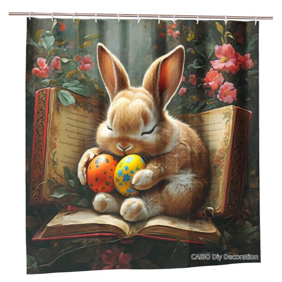 Joocen Polyester Shower Curtain Easter Bunny Holding Colorful Eggs Reading Book Floral Background For Home Bathroom Bath Tub Decoration 72x72 inch