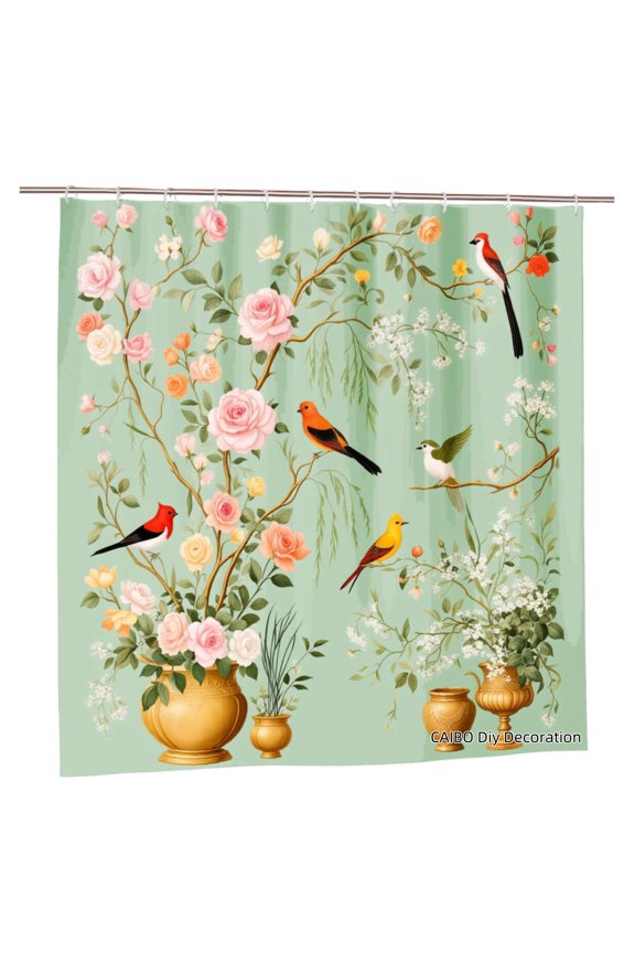 Joocen Polyester Shower Curtain Floral Birds And Vases Design For Home Bathroom Bath Tub Decoration 72x72 inch