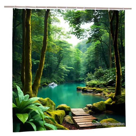 Joocen Polyester Shower Curtain Forest Stream Scene With Wooden Bridge And Lush Greenery For Home Bathroom Bath Tub Decoration 72x72 inch