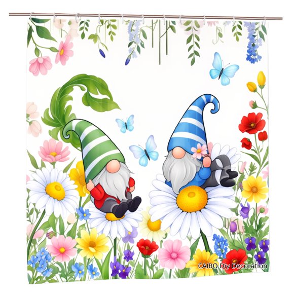 Joocen Polyester Shower Curtain Garden Gnomes Flowers Butterflies For Home Bathroom Bath Tub Decoration 72x72 inch
