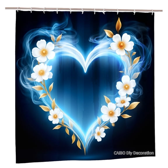 Joocen Polyester Shower Curtain Heart Flower Design With White Blossoms And Golden Leaves On Dark Blue Background For Home Bathroom Bath Tub Decoration 72x72 inch