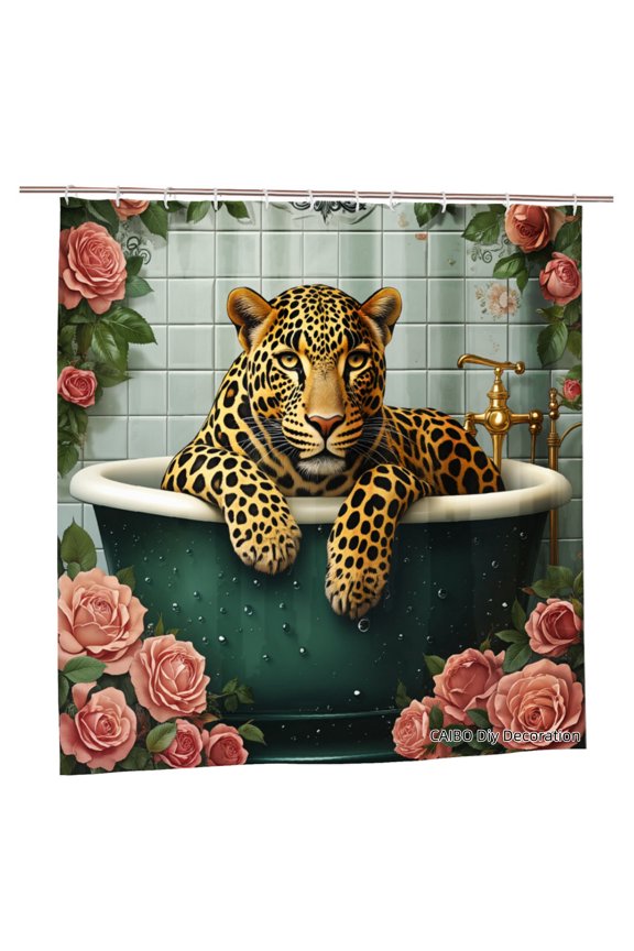 Joocen Polyester Shower Curtain Leopard In Bathtub With Roses For Home Bathroom Bath Tub Decoration 72x72 inch