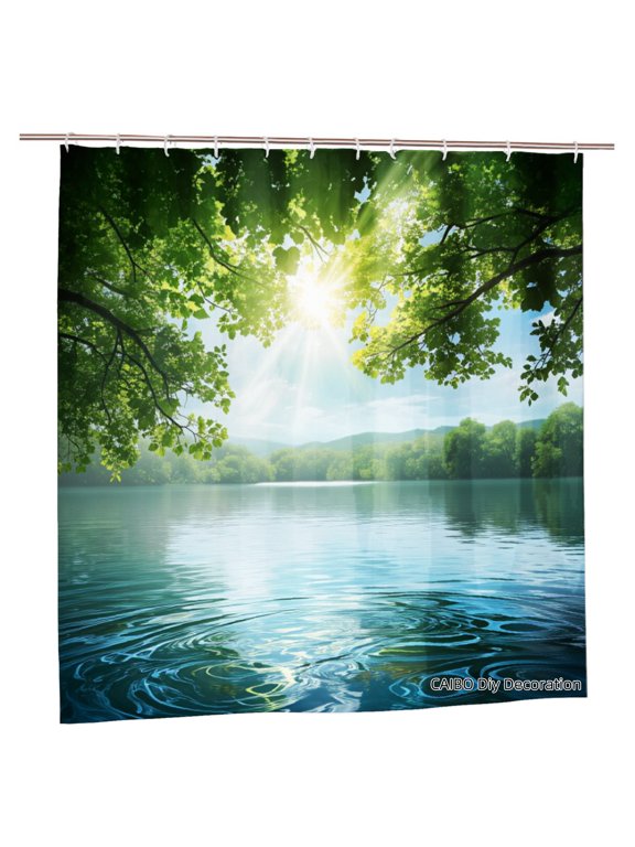 Joocen Polyester Shower Curtain Nature Lake Scene With Sunlight Through Trees For Home Bathroom Bath Tub Decoration 72x72 inch
