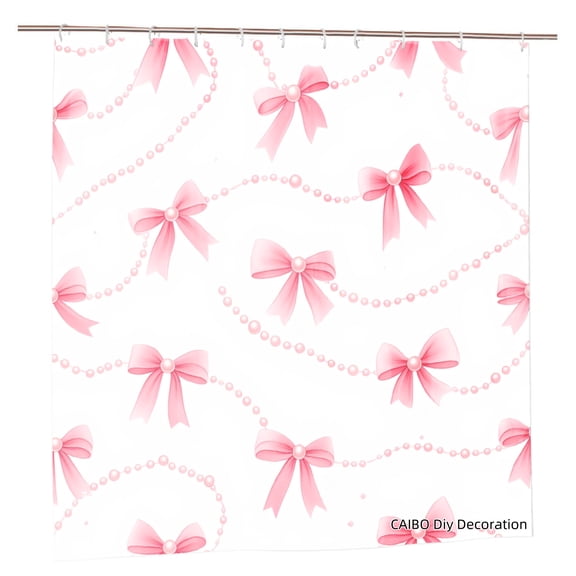 Joocen Polyester Shower Curtain Pink Bow And Pearl Pattern For Home Bathroom Bath Tub Decoration 72x72 inch