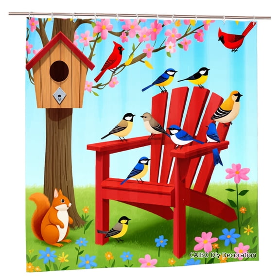 Joocen Polyester Shower Curtain Spring Garden Birds And Squirrel On Red Chair For Home Bathroom Bath Tub Decoration 72x72 inch