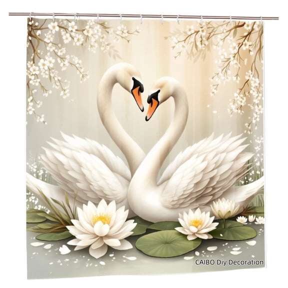 Joocen Polyester Shower Curtain Swans Heart Shape Cherry Blossom Water Lilies For Home Bathroom Bath Tub Decoration 72x72 inch