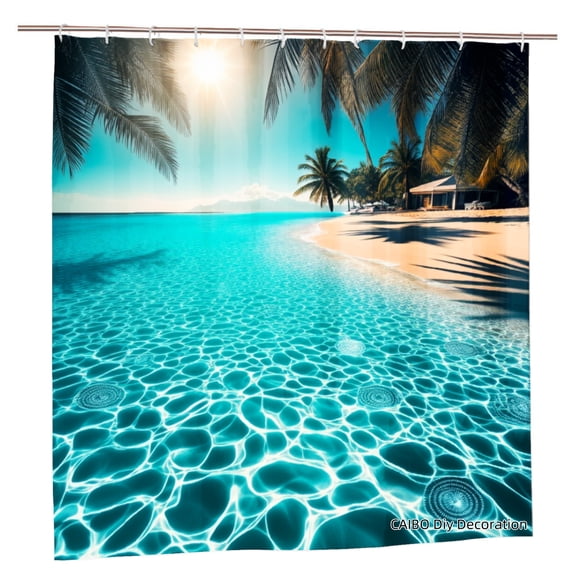Joocen Polyester Shower Curtain Tropical Beach Scene With Palm Trees And Crystal Clear Water For Home Bathroom Bath Tub Decoration 72x72 inch