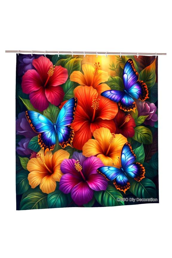 Joocen Polyester Shower Curtain Tropical Flowers And Butterflies Design For Home Bathroom Bath Tub Decoration 72x72 inch