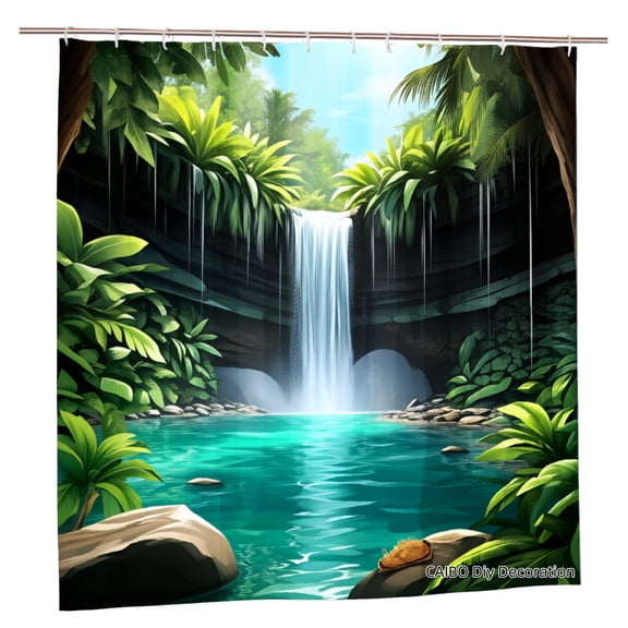 Joocen Polyester Shower Curtain Tropical Waterfall Jungle Scene For Home Bathroom Bath Tub Decoration 72x72 inch