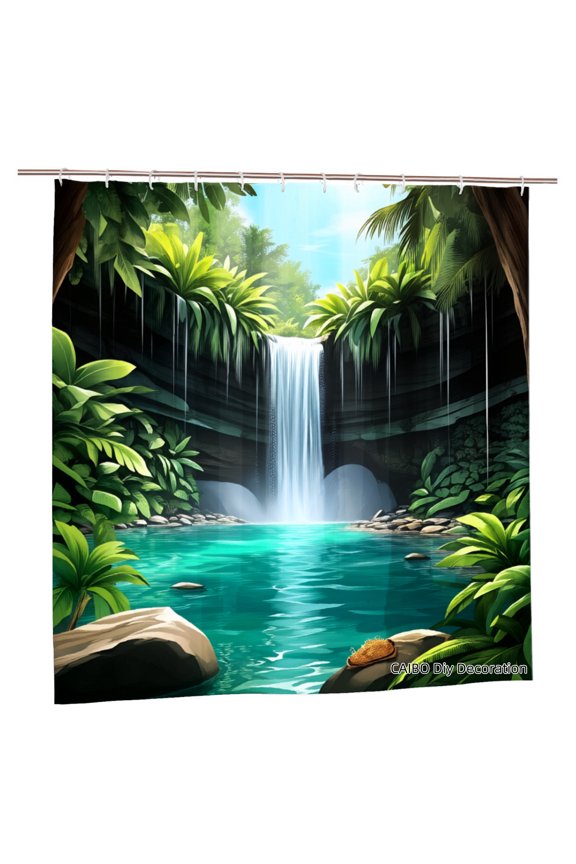 Joocen Polyester Shower Curtain Tropical Waterfall Jungle Scene For Home Bathroom Bath Tub Decoration 72x72 inch