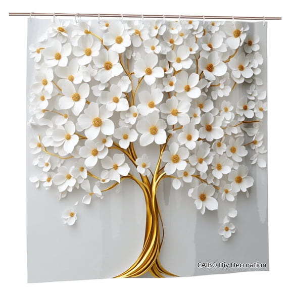Joocen Polyester Shower Curtain White Flower Tree Design For Home Bathroom Bath Tub Decoration 72x72 inch
