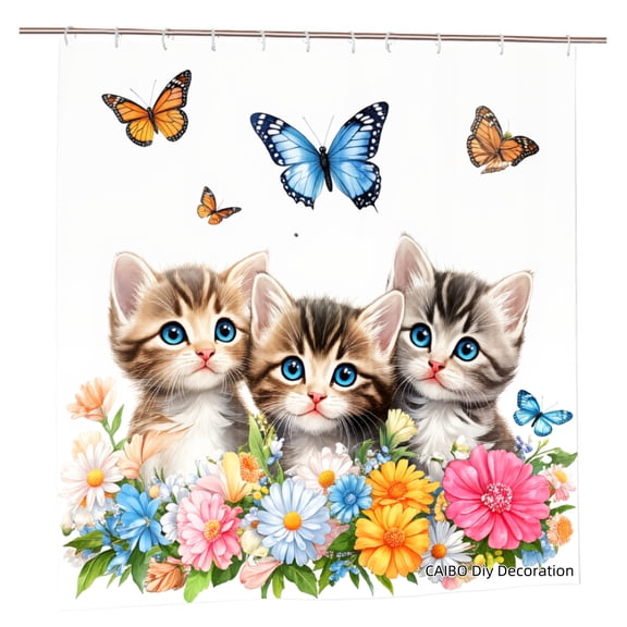 Joocen Polyester Shower Curtain With Cute Kittens Butterflies And Flowers For Home Bathroom Bath Tub Decoration 72x72 inch