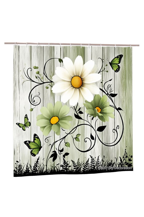 Joocen Polyester Shower Curtain With Daisy Flowers Butterflies And Wood Background For Home Bathroom Bath Tub Decoration 72x72 inch