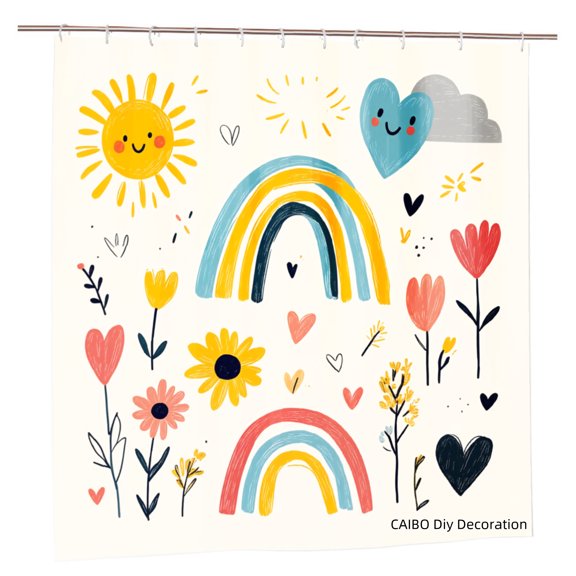 Joocen Polyester Shower Curtain With Rainbow Sun And Flowers Design For Home Bathroom Bath Tub Decoration 72x72 inch
