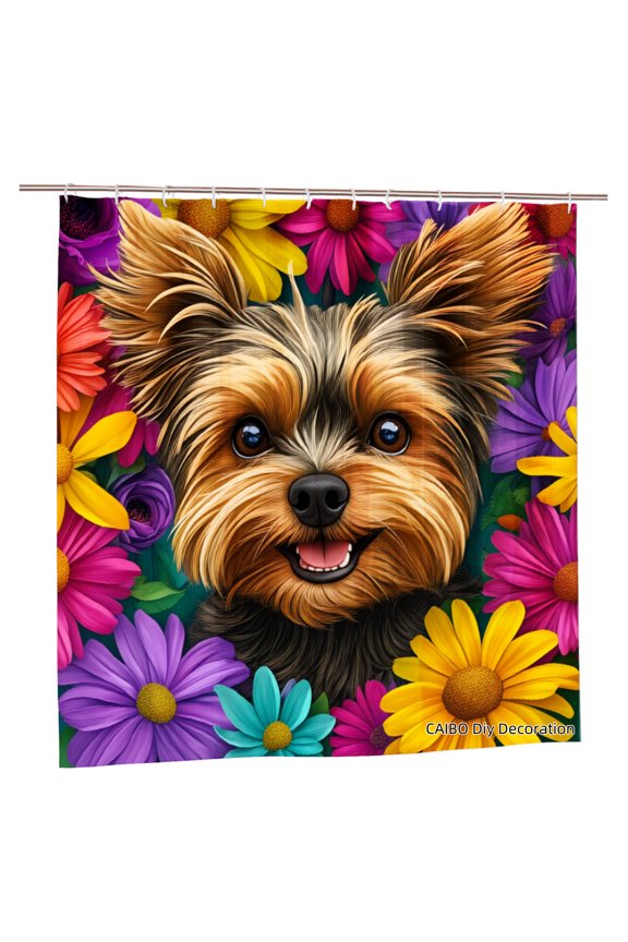Joocen Polyester Shower Curtain Yorkie Dog With Colorful Flowers For Home Bathroom Bath Tub Decoration 72x72 inch