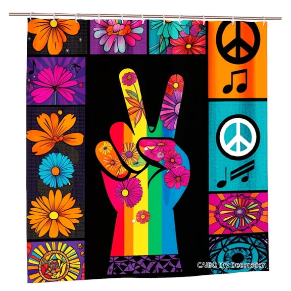 Joocen Rainbow Peace Sign Flower Power Polyester Shower Curtain For Home Bathroom Bath Tub Decoration 72x72 inch