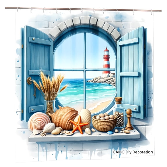 Joocen Seaside Window With Lighthouse And Shells Polyester Shower Curtain For Home Bathroom Bath Tub Decoration 72x72 inch