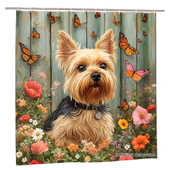 Joocen Yorkshire Terrier Dog With Butterflies And Flowers Polyester Shower Curtain For Home Bathroom Bath Tub Decoration 72x72 inch