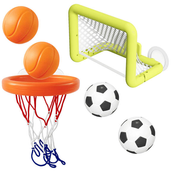 Jool Baby Bath Time Sports Set for Toddler, Kids Bath Toys  Includes Basketball Hoop with 2 Basketballs & Soccer Net with 2 Soccer Balls