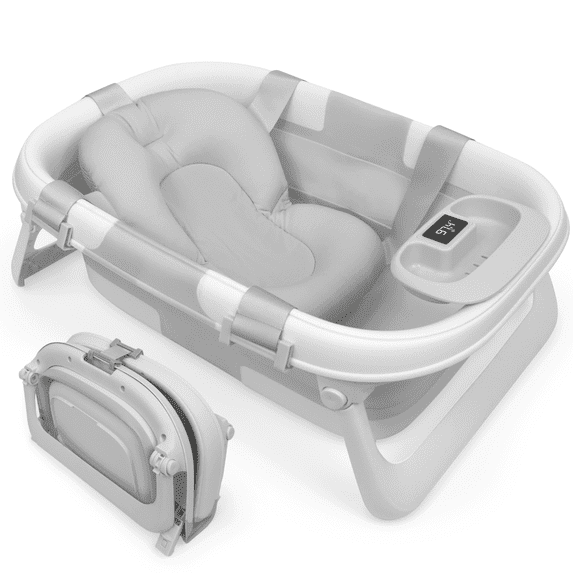 Jool Baby Fold ‘n Store Baby Bathtub with Built-In Thermometer, 3-Stage Collapsible Baby Bath Tub, Gray