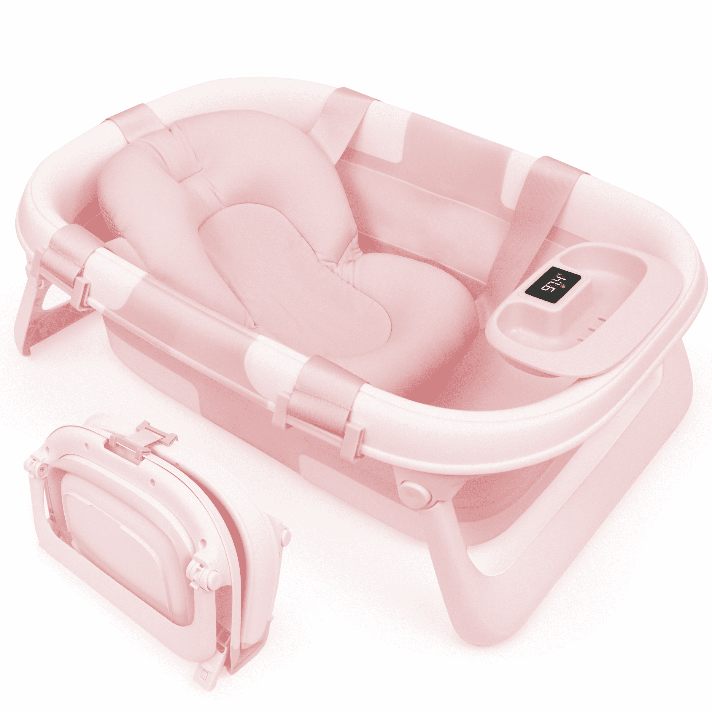 Jool Baby Fold ‘n Store Baby Bathtub – 3 Stage Collapsible Bather for Easy Storage, Portable for Travel – Built-in Thermometer (Pink)