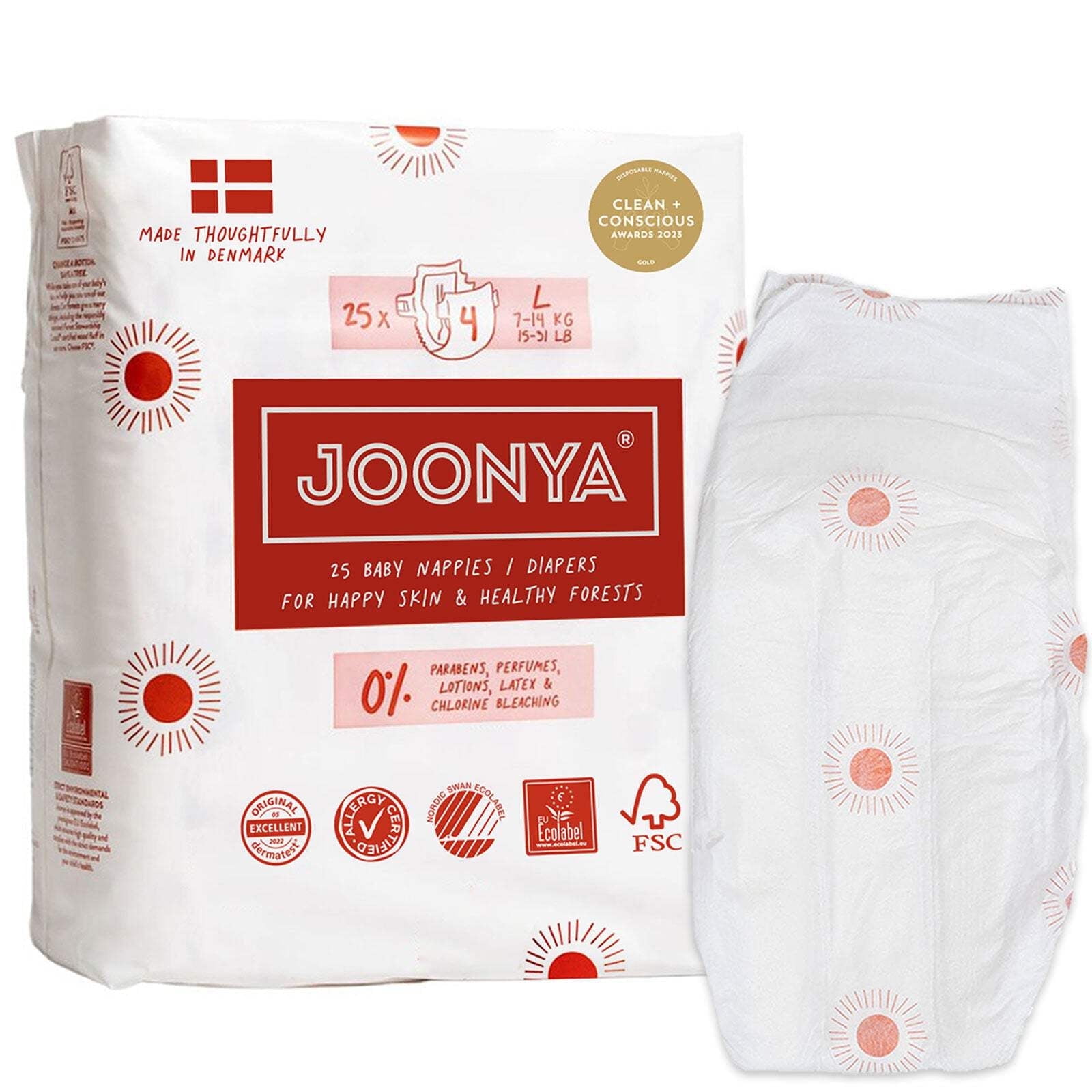 Joonya Baby Diapers - NonToxic, Eco-Friendly, Ultra Slim, Overnight Use - Bulk Disposable Eco Diapers - Made in Denmark - Size 4 L (15-31 lb) - 1 Bag of 25