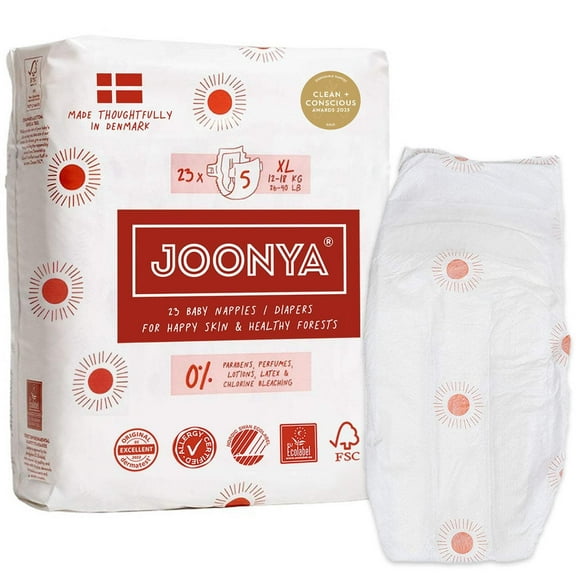 Joonya Baby Diapers - NonToxic, Eco-Friendly, Ultra Slim, Overnight Use - Bulk Disposable Eco Diapers - Made in Denmark - Size 5 XL (26-40 lb) - 1 Bag of 23
