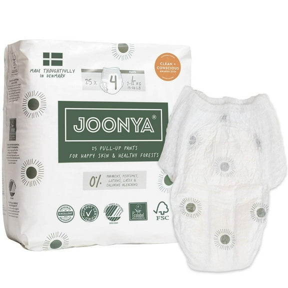 Joonya Pull-Up Pants Baby Diapers, Size 4 L (15-26 lb) - 1 Bag of 25 - NonToxic, Eco-Friendly, Ultra Slim, Overnight Use - Made in Denmark
