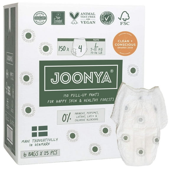 Joonya Pull-Up Pants Baby Diapers, Size 4 L (15-26 lb) - 6 Bags of 25 (150) - NonToxic, Eco-Friendly, Ultra Slim, Overnight Use - Made in Denmark
